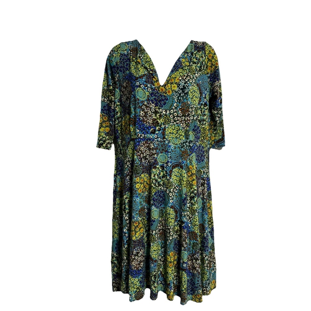 Salaam‎ Women's Large Floral Dress Pockets Stretch Colorful 3/4 Sleeve V Neck - Picture 2 of 14